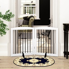 PUPETPO Freestanding Pet Gate for Dogs, Foldable Wooden Dog Gate for House, Indoor Dog Gate for Stairs, Doorways, Step Over Pet Puppy Safety Fence, Support Feet Included, 24" Height 2 Panels, White