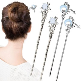 4PCS Silver Moon Hair Sticks for Buns - Vintage Chinese Hanfu Hair Chopsticks, Asian Style Metal Hairpins for Women, Long Hair Updo Holders, Secure Bun Styling Accessories Girls