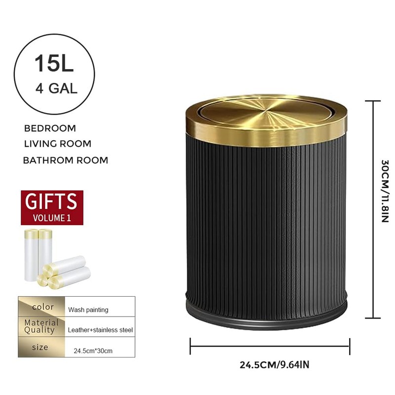 LEASYLIFE 15L/4GAL Black Bathroom Trash can,Gold Bathroom Garbage can with