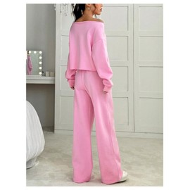 SOLY HUX Women's Sweatsuits Off The Shoulder Crop Top and Drawstring Long Pants 2 Piece Fall Outfits Pure Pink Large