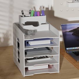 Office File Paper Organizer 7 Tiers for Desk Desktop,White File Holder Office Desk Organizer, Stackable Paper Trays for Home Office School Classroom 12.2 x 9 x11 in