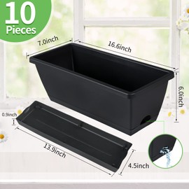 CHUKEMAOYI Window Box Planter, 10 Pack Plastic Vegetable Flower Planters Boxes 17 Inches Rectangular Flower Pots with Saucers for Indoor Outdoor Garden, Patio, Home Decor (Black) | CHUKEMAOYI