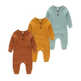Chamie Baby Romper Newborn Knitted Jumpsuit Long Sleeve Baby Boys Girls Footless One-Piece Suit 0-24 Months,3 Pcs,Green,Yellow,Brown