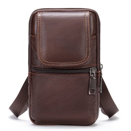Coffee Shoulder Messenger Bag, Leather Cell Phone Waist Pack Mens, Travel Business Crossbody Pack Multi Pocket Wallet Mini Satchel Side Bag Waterproof Phone Belt Loop Bags with Shoulder Long Strap