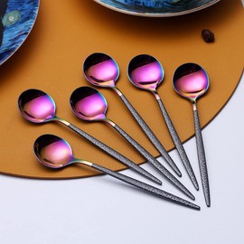 Rainbow Coffee Spoons Set of 6, Kyraton Stainless Steel 5.1" Hammered Black Handle Demitasse Spoons, Tiny Espresso Spoons, Small Mini Coffee Spoons, Dishwasher Safe