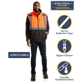 Bass Creek Outfitters Men's Safety Vest - High Visibility Workwear Insulated Construction Vest with Reflective Tape (M-XXL), Size X-Large, Hi Vis Orange