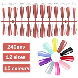 Pack of 240 Extra Long False Nails, Plain False Nails, Ballerina Coffin Full Colour Full Cover Nail Tips for Women Girls DIY Nail Art Salon (10 Colours & 12 Sizes)