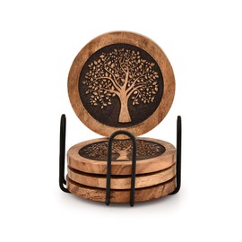 Kaizen Coasters Set of 4 Acacia Wood Round Wooden Tree of Life Coasters forwith Iron Holder Stand for Drinks, Tabletop Protection for Any Table Type for Bar Kitchen (4" X 4" X 0.5)