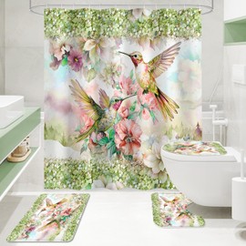 Litabel 4 Pcs Green Hummingbird Flower Shower Curtain Sets with Rugs for Bathroom Decor, Rustic Floral Bathroom Sets with Shower Curtain and Rugs, Bathroom Curtain Set with Mats (Hooks Not Included)