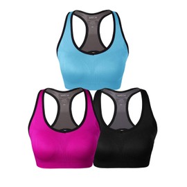 Match - Brasier deportivo para mujer, sin aros, sin costuras, acolchado, espalda cruzada, para entrenamiento, gimnasio, ropa deportiva con almohadillas para orejas extraíbles, #0001, 1 paquete de 3 (negro-ciruela-azul), 3G
