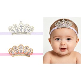 Xansema 2Pcs Cute Baby Girl Crown Headband, Elastic Tiara Newborn Infant Toddlers Hairband Photography Birthday Party Hair Accessories (Silver+Gold)