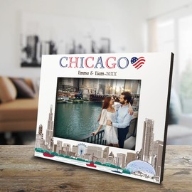 BELLA BUSTA-Personalize-Chicago Theme Picture frame-Wedding, Honeymoon, Anniversary, Birthday, Vacation in United State- UV Print City Design Set (5x7 Horizontal)