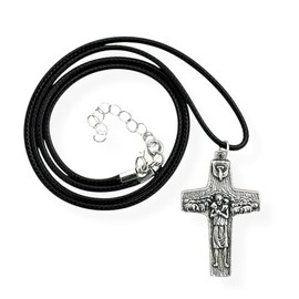 Silver Toned Pope Francis Papal Pastoral Cross Pendant with Black String Necklace Set Catholic Christian Unisex Gift