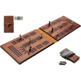 Travel Cribbage Board Game Leather & Solid Bambo-Wood Pocket Sized Tiny Card Game Board