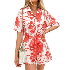 MYMORE 2025 Summer Short Rompers for Women Casual Loose Hawaiian Tropical Vacation Outfit Cute Floral Print Boho Shorts Romper Short Sleeve Beltted Jumpsuit with Pockets Red L