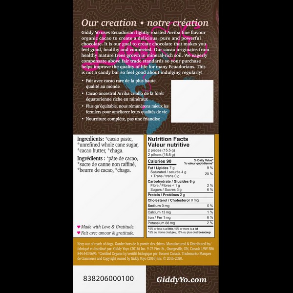 Giddy YoYo Chaga Certified Organic Dark Chocolate Bar, 20 Pack box - 85%