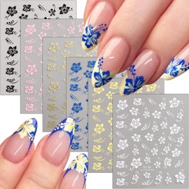 FSpronail Hibiscus Flower Nail Stickers, 6PCS Hibiscus Flowers Nail Decals 3D Self-Adhesive White Pink Colorful Hawaiian Floral Sticker for Nails Cherry Blossom Nail Design Summer Decoration Manicure