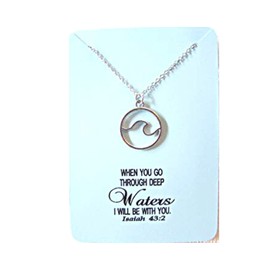 Wave necklace, Christian pendant, Isaiah 43:2 scripture, Gift of Faith and Encouragement, Little Gift of Kindness