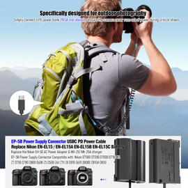 QUZOC USB C to EP-5B Power Supply Connector EH-5B Power Adapter EN-EL15/EN-EL15A Dummy Battery Compatible with Nikon D7500 D7000 D750 D7100 D850 D7200 Z6II Z5 D800 D800E D500 D600 D610 D8 Z6