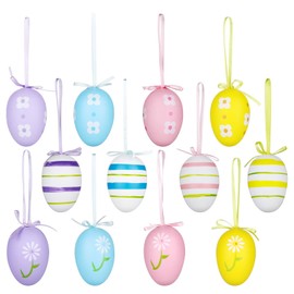 12Pcs Easter Eggs Decorations Hanging Ornaments Colorful Plastic Eggs Easter Tree Decor Kids School Home Office Egg Hunt Basket Stuffers Party Supplies