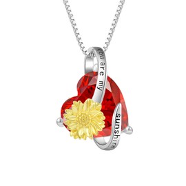 Aprila Women Heart Necklace 925 Sterling Silver Sunflower Pendant with Chain 5A Cubic Zirconia January Birthstone Garnet Color You are My Sunshine Jewelry
