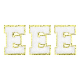 MECCANIXITY Chenille Letters E Patches Large Size 80mm/3.15 Inch Iron-on Letters E Patches Golden Glitter Embroidered Patches for Clothing, Shoes, Hats, Backpacks Pack of 3(White)