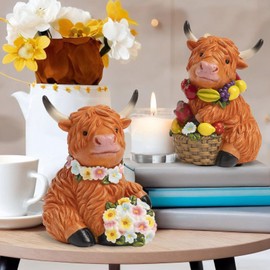 Bechivie 2Pcs Fall Highland Cow Figurine Decor, Resin Highland Cow Gifts for Thanksgiving, Scottish Home Kitchen Table Tiered Tray Statue Decoration