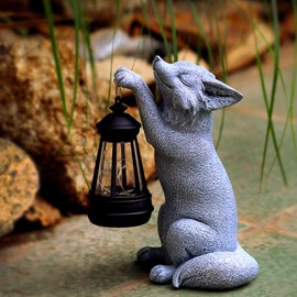 Fox Statue for Garden Decor, Garden Statue with Solar Power Light for Outdoor Patio Porch Lawn Yard Backyard Oudside Indoor Shelf Decoration,Praying Fox Sculptures & Statues Woman