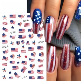 6 Sheets 4th of July Nail Stickers for Nail Art 3D Self-Adhesive Independence Day Nail Decals with American Flag Star Fireworks Sticker Design Acrylic DIY Nails Decoration Accessories for Holiday