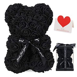LINKLO Rose Bear Rose Teddy Bear -10 inch Artificial Rose Flower Bear, Gift for Valentines Day, Wedding, Mothers Day and Anniversary, Including Transparent Gift Box (Black)