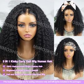 MIMOSHOU 22Inch Kinky Curly Half Wig Human Hair 230% Density 3 In 1 Seamless Flip Over Half Wig for Women Glueless Wear and Go Drawstring Headband Wig Human Hair Natural Black Beginner Friendly