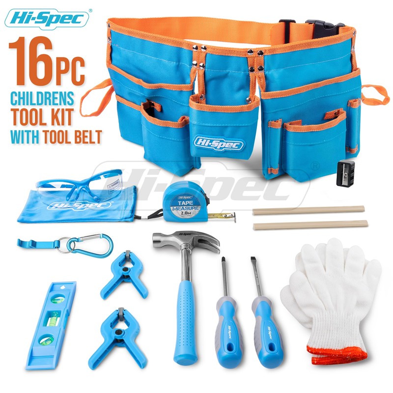 Hi-Spec 16-Piece Children’s Tool Kit with Child-Size Tool Belt, Genuine