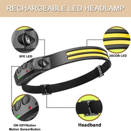 FLUEFOWL New LED Headlamp Rechargeable, 230° COB Super Bright Head Lights for Forehead, 6Mode Hard Hat Light for Adults, USB C Headband Flashlight for Work, Hiking, Running, Camping (10Pack)