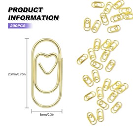 Small Paper Clips, 200 Pieces Gold Metal Paper Clips Mini Cute Love Heart Paperclips Clamps for Office Document Organizing