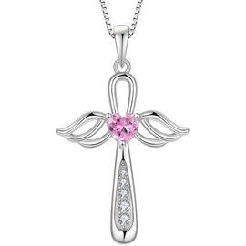 BELRYO Angel Wings Pendant Necklace for Women 925 Sterling Silver Cross Necklace with Cubic Zirconia Heart Jewelry Gifts for Birthday Christmas October Birthstone Tourmaline Color