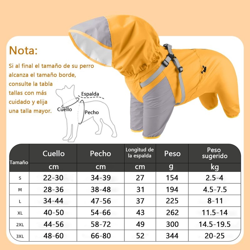 JIEYOUTA Impermeable para Perros, con Capucha Desmontable, Chaqueta y Impermeable