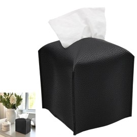 Tissue Box Cover, [Refined] Square Decorative PU Leather Tissue Box Holder Case Facial Paper Organizer Dispenser for Bathroom, Vanity Countertop, Night Stands, Desk, Car 5X5X5'' - Black