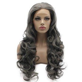 Lushy Wavy Long Grey Wig Half Hand Tied Heat Resistant Synthetic Lace Front Wig