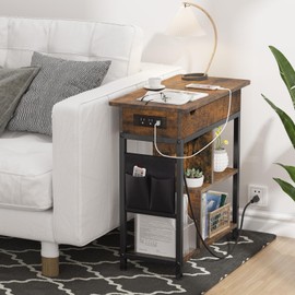 JoanKaren End Table with Charging Station, Flip Top Nightstand with USB Ports and Outlets, Narrow Side Table Bedside Table for Small Spaces Livingroom Bedroom