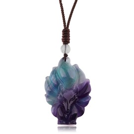 TIKCAUZ Fox Necklace Fluorite Crystal Nine-tailed Fox Amulet Pendant with Adjustable Rope Lucky Fox Necklace Jewelry Gift for Men Women