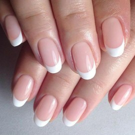 Kikmoya Pink French Tip Press on Nails Short Fake Nails Oval False Nail Kit Glossy Full Cover Reusable Stick on Nails Art for Women in 12 Sizes - 24pcs