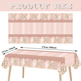 YTUGCG Birthday Table Cloth, 137x274cm Rose Gold Birthday Party Table Decor, Plastic Disposable Waterproof Rectangular Table Cover for Women, Birthday Gifts Party Table Decor (30th)