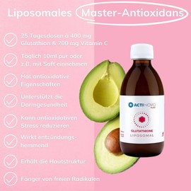 Liposomal glutathione, high dose, anti-oxidation, daily dose 400 mg reduced glutathione, high bio availability, liquid, no additives, vegan. 250.0