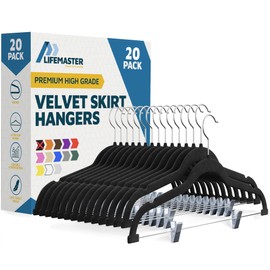 Lifemaster Velvet Skirt Hangers – with Adjustable Clips, 360 Degree Swivel Hook, and Non-Slip Shoulder Notch, Holds Up to 10 lbs, for Organizing Skirt, Pants, Dress, and Clothes, Pack of 20, Black