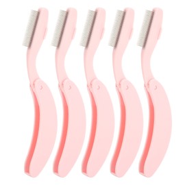 5pcs Curve Handle Lash Comb Stainless Steel Folding Eyelash Teeth Comb Tool for Makeup Pink