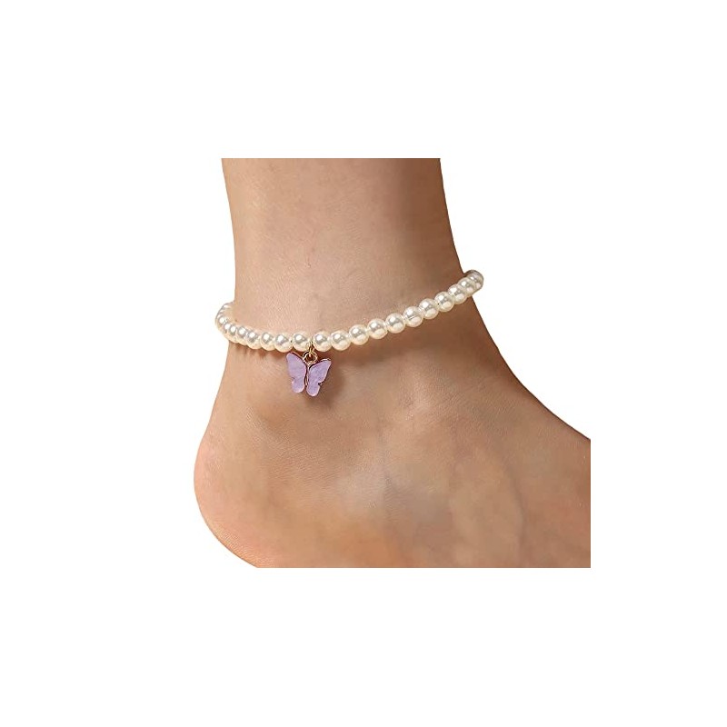 Pearls Ankle Stretchable Bracelet with Butterfly Charm