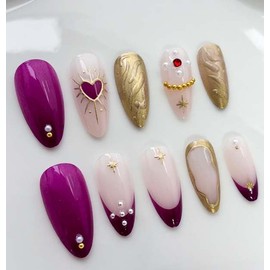 Almond Press On Nails Medium Fake Nails Heart Pearls With Gold Small Steel Ball Design French Tip False Nails Acrylic Artificial Nails Purple Glue On Nails Full Cover Stick On Nails For Women 24pcs