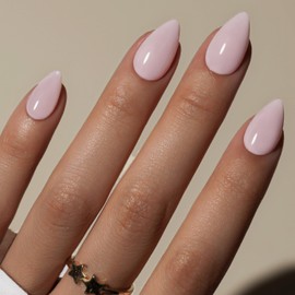 KQueenest Pastel Pink Press On Nails Short - Acrylic Press On Nails Almond, Sheer Dusty Light Pink Fake Nails with Glue, Glossy Opaque, Stiletto Reusable Soft Gel Glue on Nails for Women, 30 Pcs