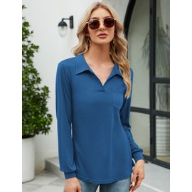 AKEWEI Womens Long Sleeve Polo Shirts V Neck Collared Blouse Business Casual Tunic Tops with Pocket Blue S