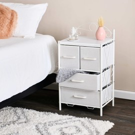 Household Essentials Victoria Dresser Nightstand Storage Organizer with 4 White Drawers White Metal Frame and Scandinavian White Top